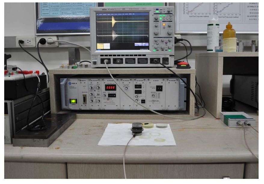 Photo of ultrasonic experimental setup.