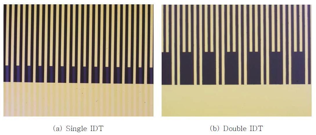 Photos of microscopic images of fabricated IDT patterns (a) single IDT and (b) double IDT.