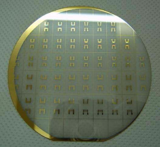 Photo of SAW IDT pattern on the LiNbO3 piezoelectric wafer.