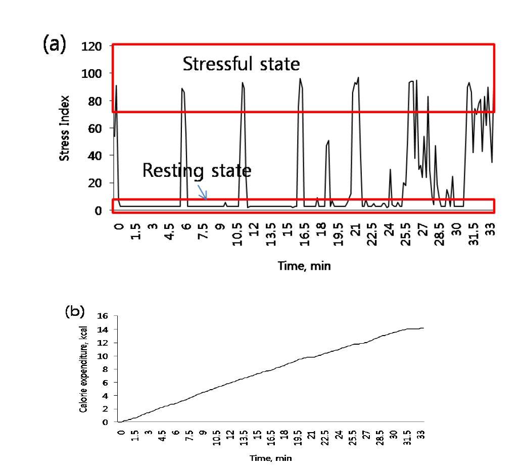 Plots of acute stress index and calorie expenditure according to time in lifting work (30 minutes)