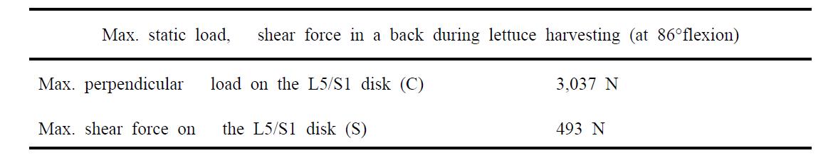 Change of maximum static load and shear force in a back during lettuce harvesting during stoop posture