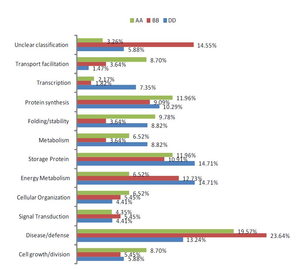 Functional distribution of total identified proteins among AA, BB and DD genome using MALDI-TOF mass spectrometry.