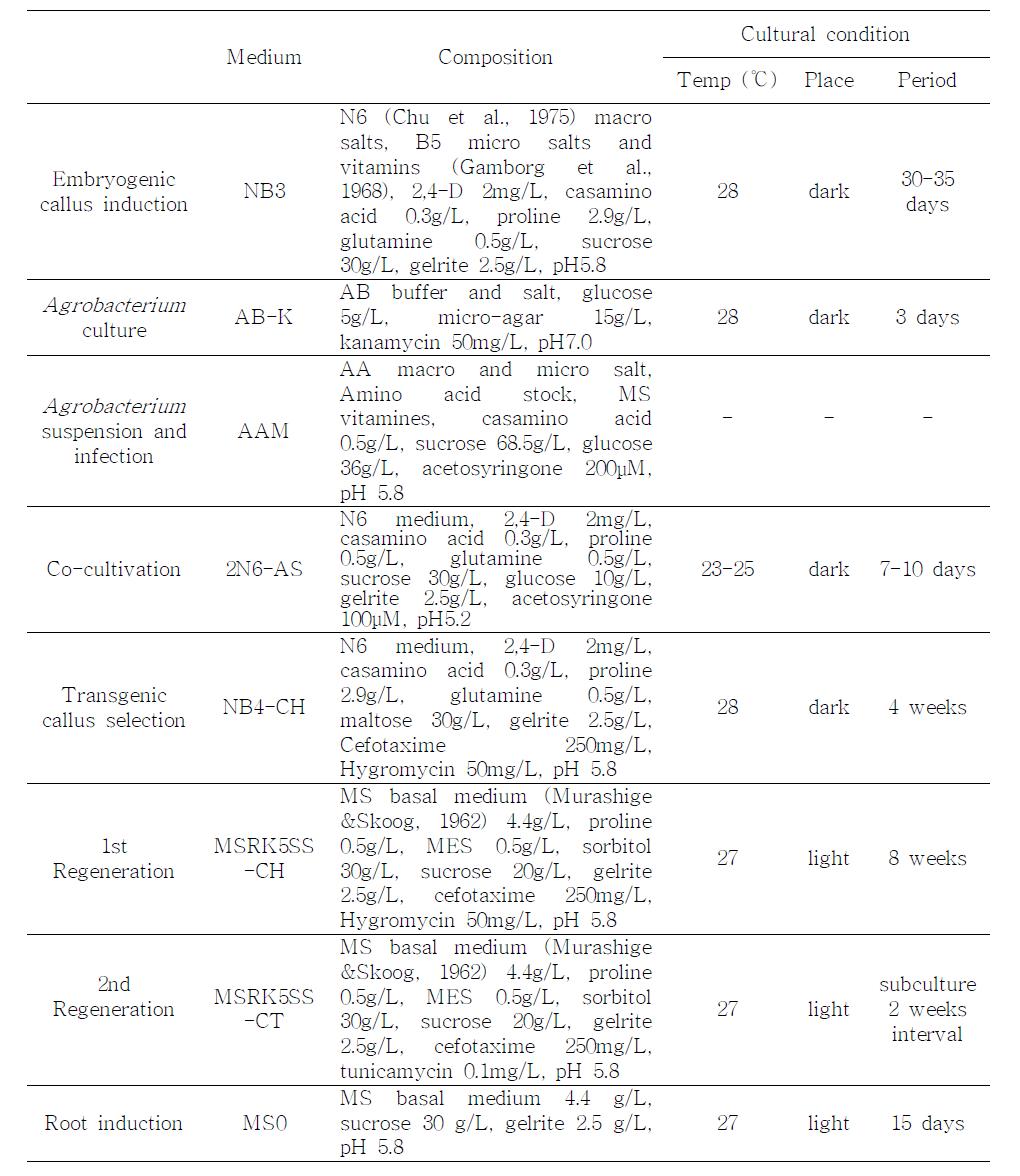 CRE/loxP-argE 시스템을 이용한 Agrobacterium 매개 형질전환 시 사용되는배지 종류 및 배지 조성