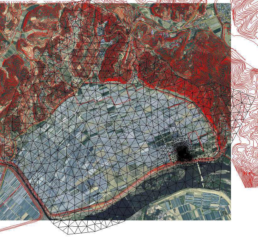 연구지역 위성영상(maps.daum.net : 2011년 8월 접속), 등고선 및 모델 영역 격자