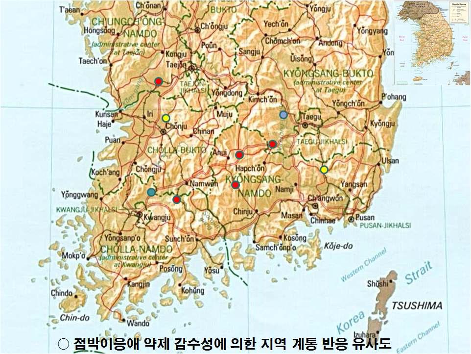 점박이응애 약제 감수성에 의한 지역 계통 반응 유사도