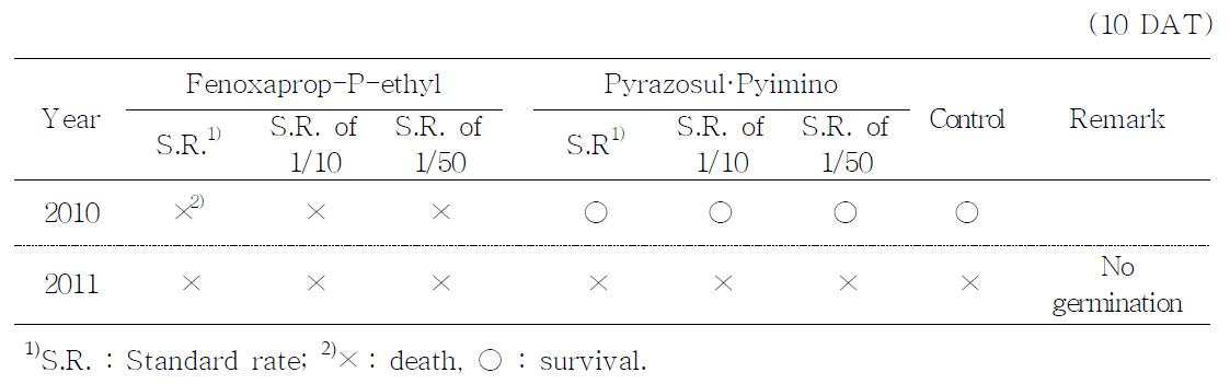 Herbicidal effect of Echinocloa oryzicola by collected year and herbicides