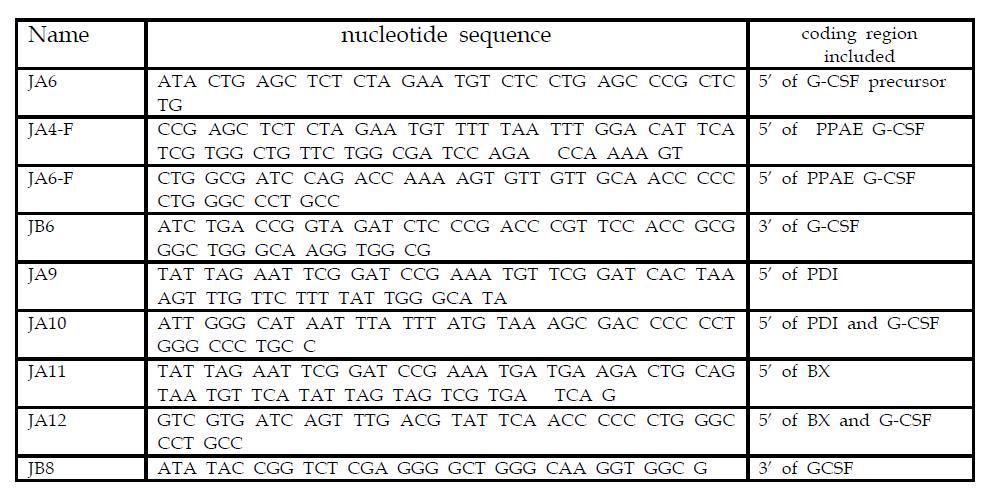 Primer sequences used to construct fusion hG-CSF with three different silkworm signal sequences