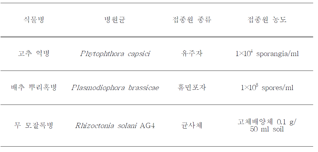 신바이오 살균제의 생물검정을 위하여 선발한 접종원 종류 및 농도