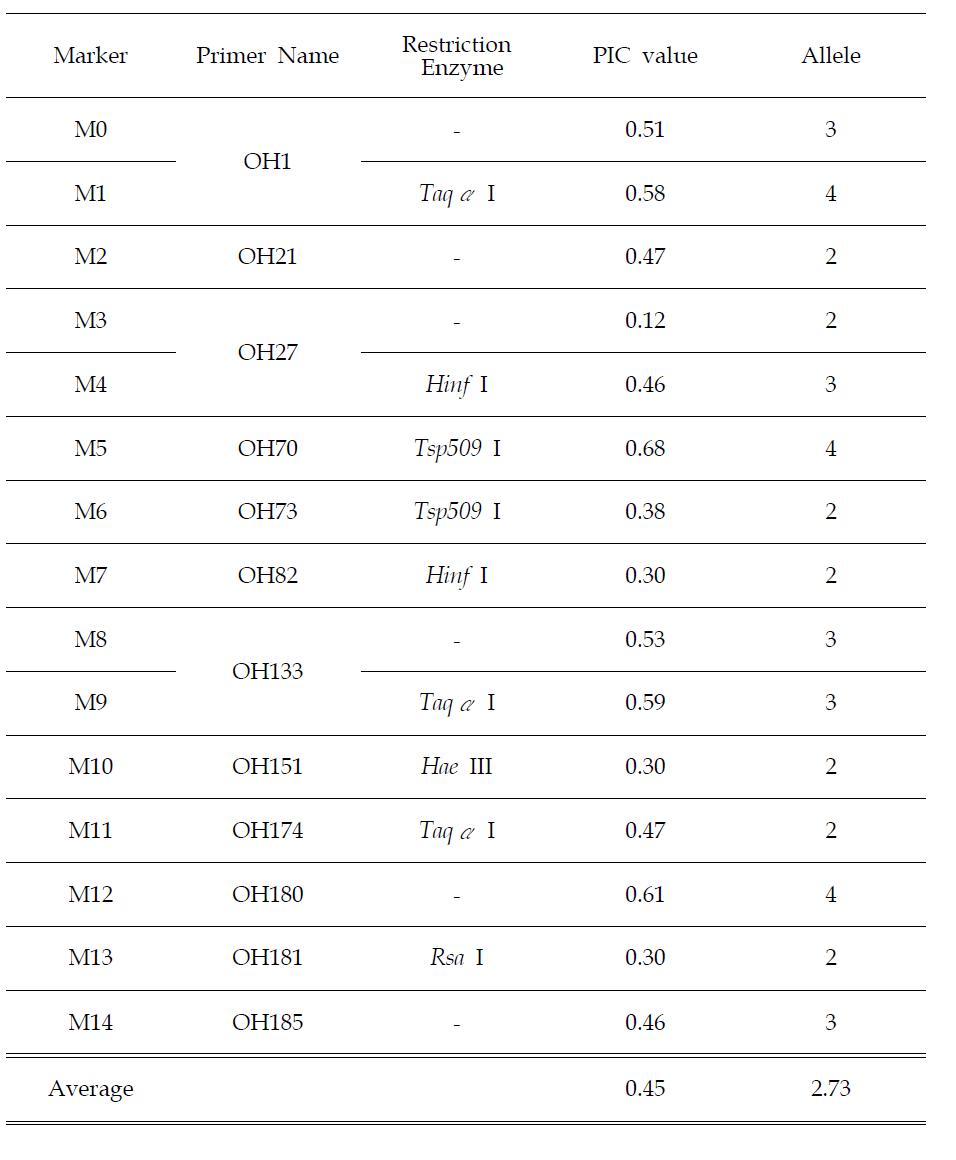 호밀 STS 마커의 PIC Value 및 Allele 수