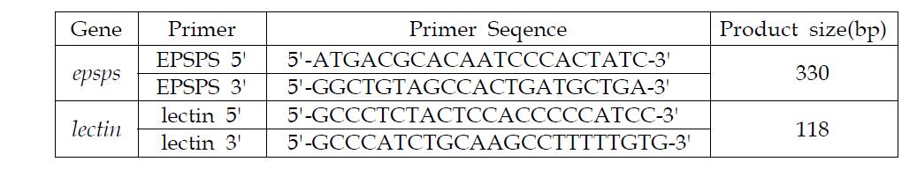 EPSPS와 lectin 유전자의 프라이머