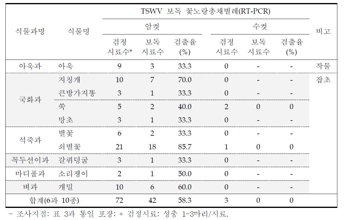 겨울철 무가온 시설에서 TSWV 보독 꽃노랑총채벌레가 채집된 식물