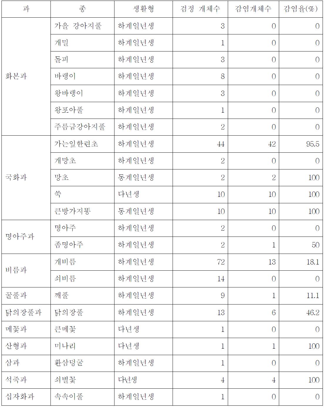 하우스 내부 고추 정식 후 방임 잡초의 TSWV 감염율(11년 6월 30일 조사, 예산)