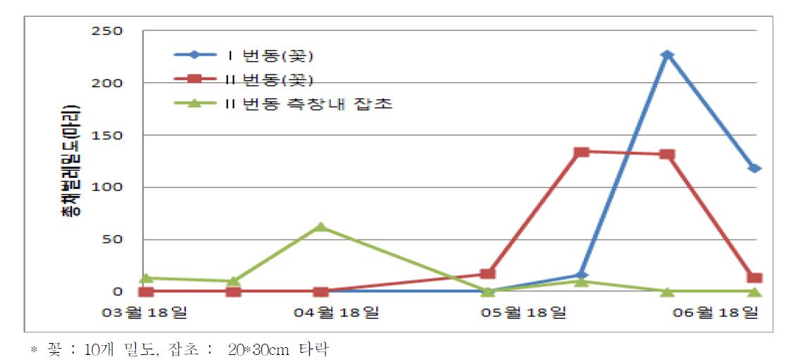 시설내 발병상습지 총채벌레 밀도 변화