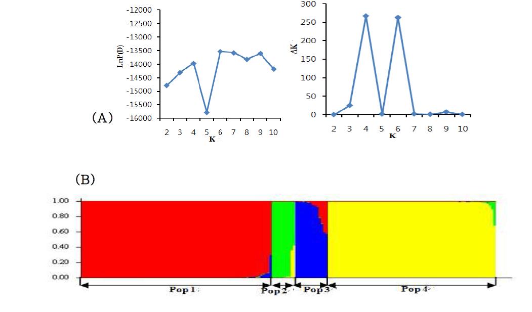 (A) Log-likelihood of the data (n = 178)와 집단 수 증가에 따른 ΔK 값 변화(B) Structure 프로그램을 이용한 178개 팥 수집자원의 집단구조 분석