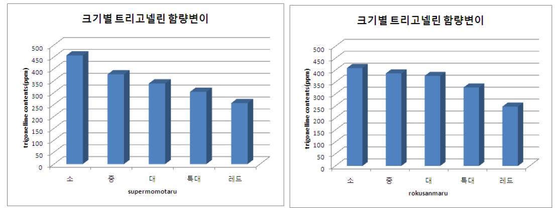 크기별 녹색토마토와 완숙적색 토마토의 트리고넬린 함량변이