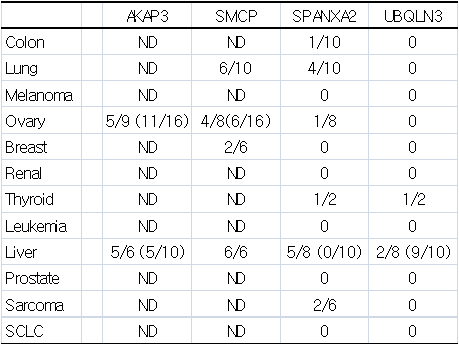 각종 암 조직에서 각유전자의 mRNA 발현