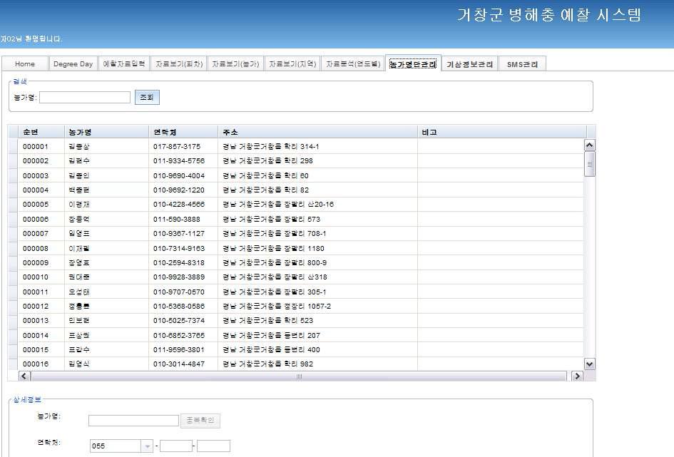 지역별 농가 개인 자료 및 문자전송 시스템 연계 정보 화면