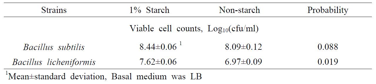 Bacillus subtilis and Bacillus licheniformis 균주 성장에 corn starch 첨가 효과