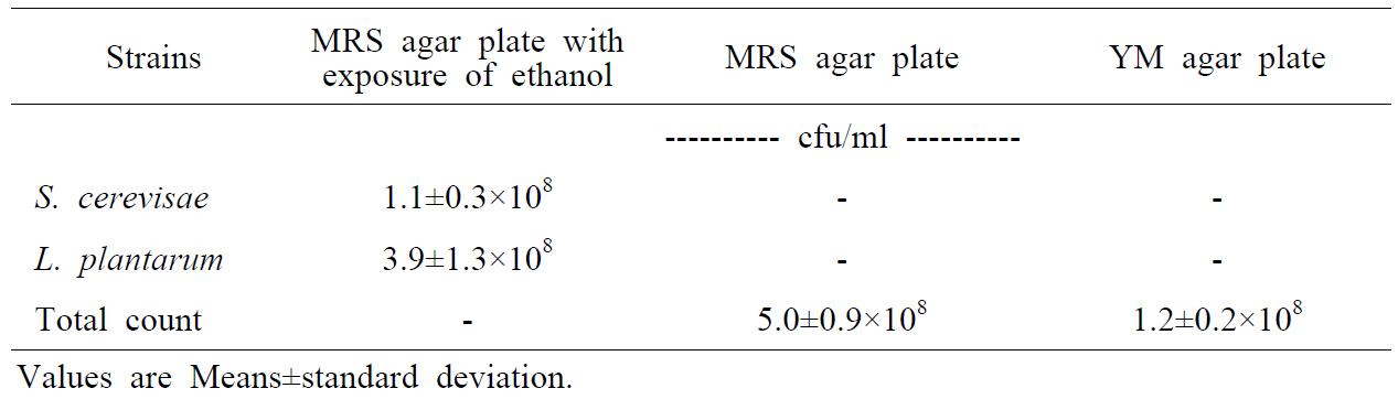 Saccharomyces cerevisae and Lactobacillus platarum 혼합배양 결과