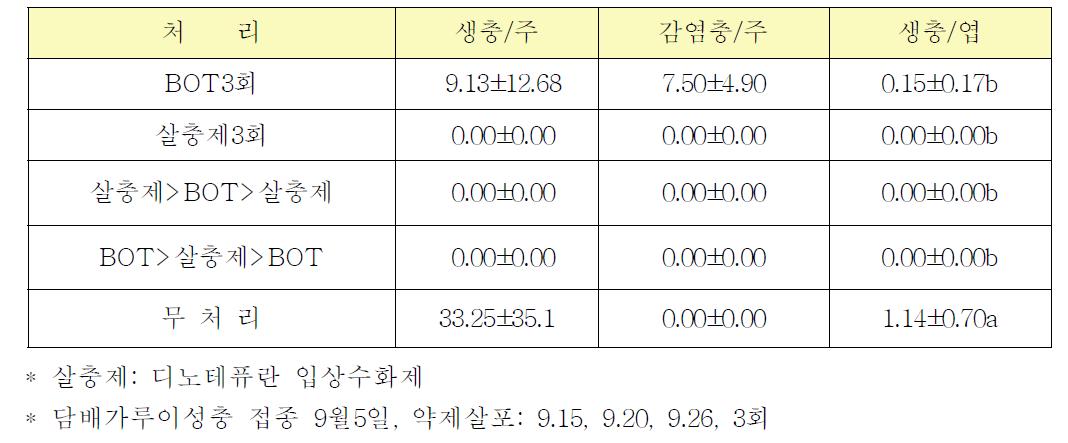 담배가루이에 대한 미생물살충제(BOT)와 화학살충제의 교호처리 방제효과(약충)