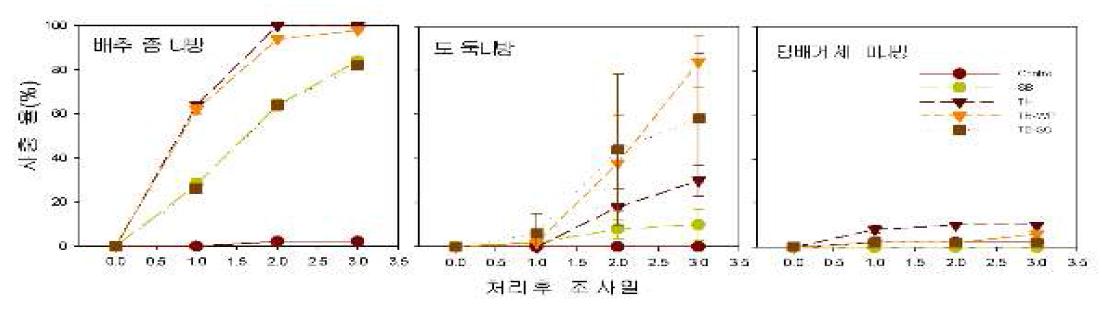 유통미생물 살충제(B.t제)의 배추좀나방에 대한 살충 효과(%)