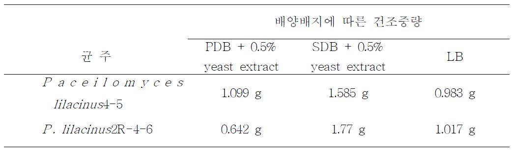 각 균주별 배지에 다른 건조중량