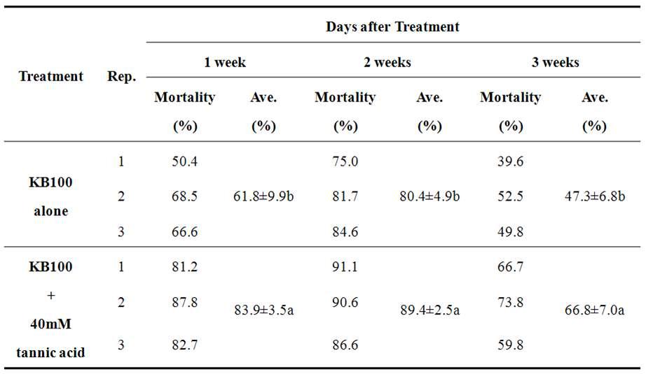 파포장에서의 tannic acid 처리된 Bt KB100 균주의 파밤나방에 대한 살충효과.