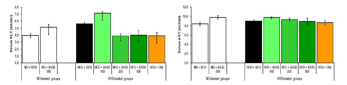 Serum ALT and AST activities in the obese mice treated by Allium sativum L. stem extract.