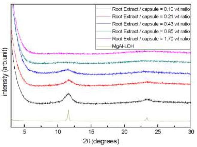 뿌리 조추출물을 나노캡슐 전구체와 반응하여 얻은 복합체의 X-선 회절 패턴