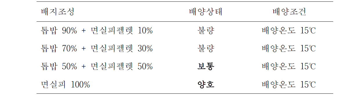 톱밥과 면실피 펠렛 비율에 따른 배양상태