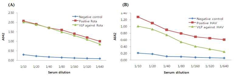 로타바이러스의 VLP의 면역원성을 ELISA에 의해 측정 결과.