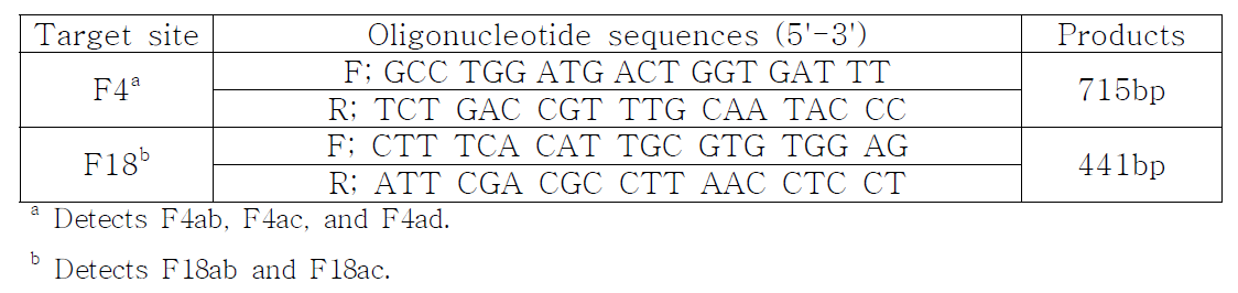 대장균의 F4와 F18 fimbriae gene 검색을 위한 primers