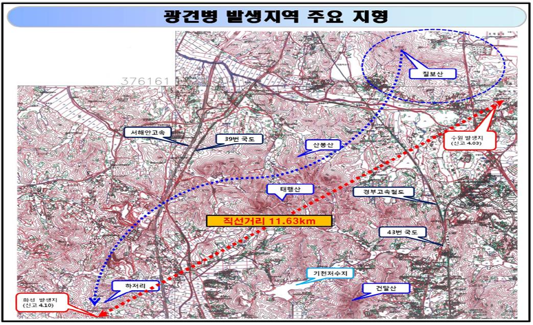 2012년 광견병 발생지역 주요 지형(2012년 농림수산검역검사 본부 자료 참조).