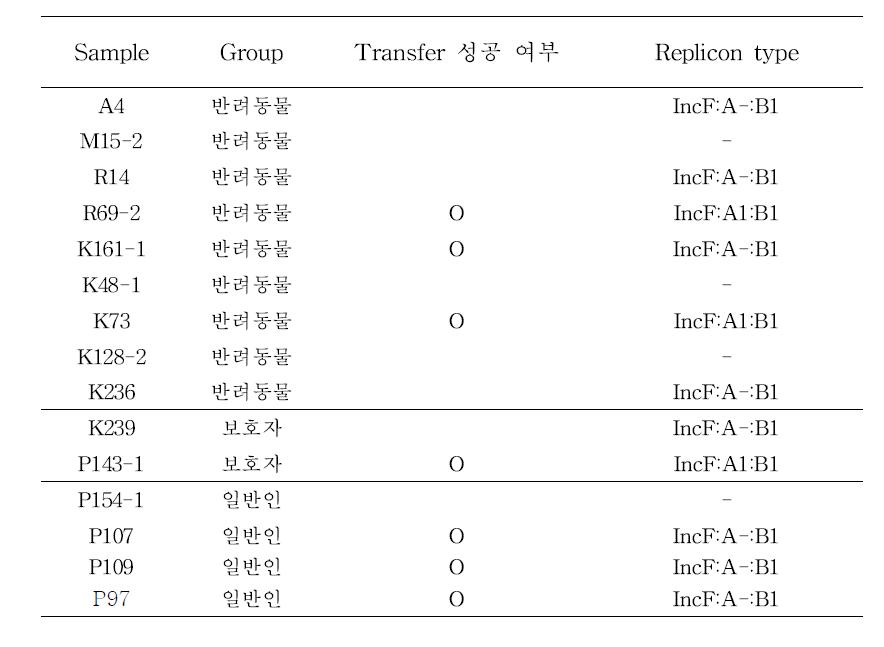 ESBL 균주들의 Replicon typing 결과 및 transfer assay 결과