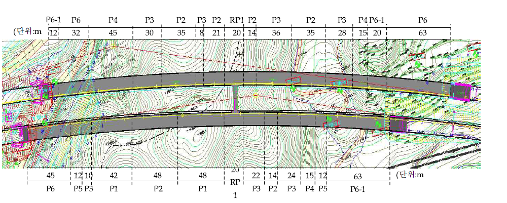 산척3터널의 평면도와 지보패턴 분포