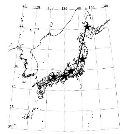 FRONT 캠페인 관측에 사용된 관측 기기(점: GPS 수신기, 별: 전천카메라)