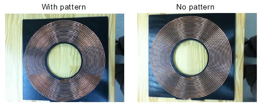 송신부 공진체 제작. (a) 패턴이 있는 경우, (b) 패턴이 없는 경우.