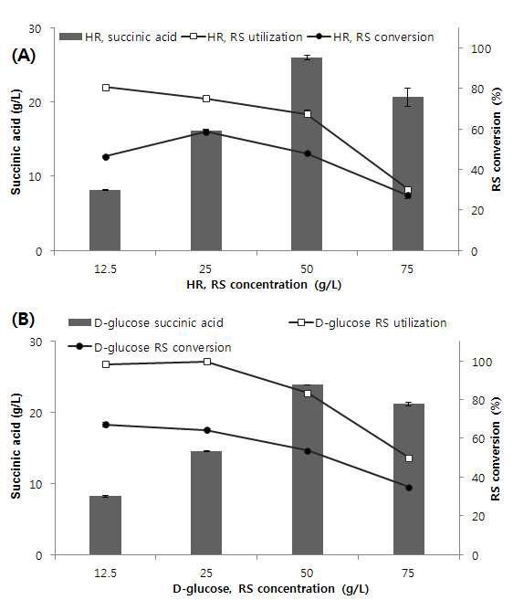 HR 효소당화 용액 농도별 숙신산 생산량(A)과 D-glucose 농도 별 숙신산 생산량(B) RS