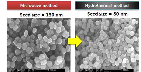 마이크로파 합성법과 수열합성법으로 제조된 seed morphology 비교