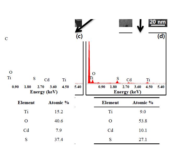 신규 광촉매의 (a) SEM image, (b) TEM image, and (c-d) EDS spectra