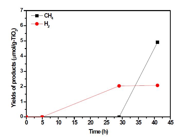 Time dependence of the CO2 photocatalytic reduction product yields over the granular type TiO2 photocatalyst.