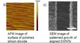 (b) 나노굴곡의 AFM 사진 (c), 산화막이 올려진 실리콘 기판에 성장된 탄소 나노튜브의 전자 현미경 사진