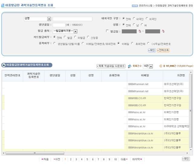 과학기술인등록 번호 이중발급처리 화면