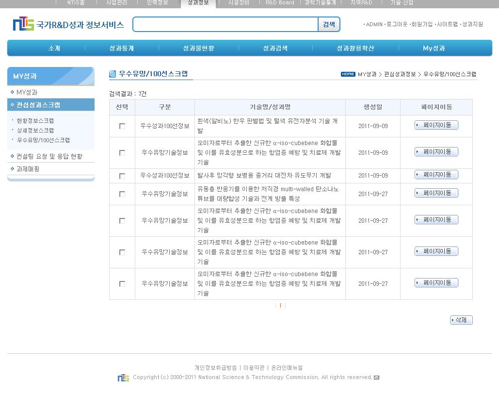 우수유망/우수성과 100선스크랩 제공 화면