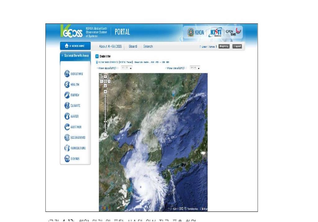 해양-대기 웹 포탈 시스템 위성 자료 표출 화면