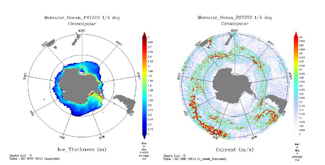 Mercator PSY3v3의 북반구 Ice Thickness(분석장), Current(1주일 예보)