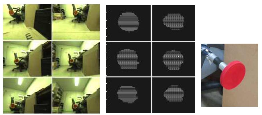 The marker detected images at different viewpoint of the sensor module(left), labeled marker images by LIDAR on the tilt servo mount(bottom right), and the actual marker image(top right)