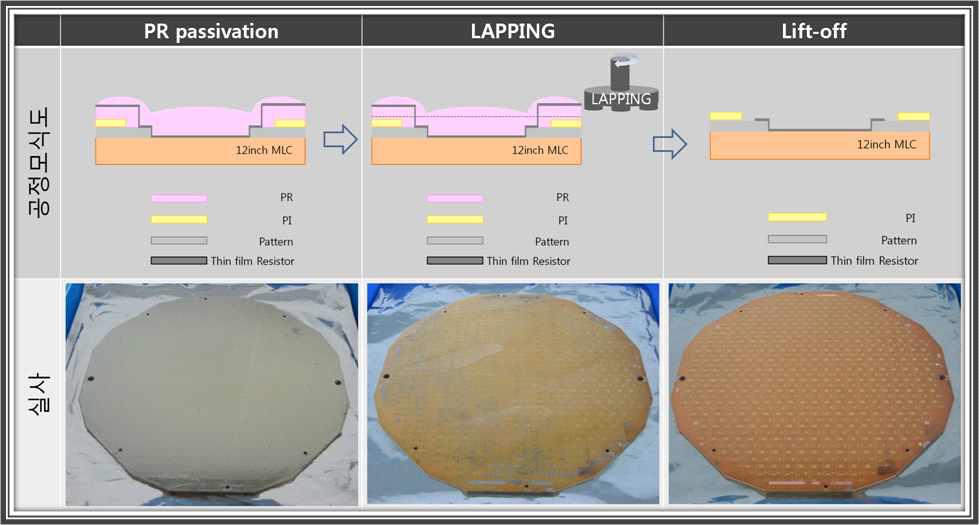 PR passivation, 공정, Lift-off 공정의 공정모식도와 Digital Camera로 촬영한 12 inch 크기의 MLC 기판 비교