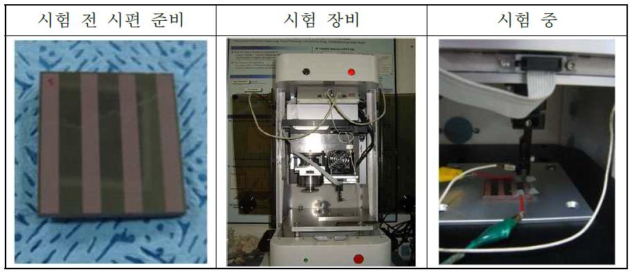 접합력 측정을 위한 TaN 박막 회로 저항의 스크래치 시험 사진