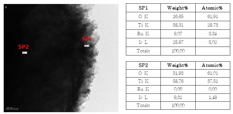 5회 코팅된 동공전극의 각 점에서의 성분 weight%